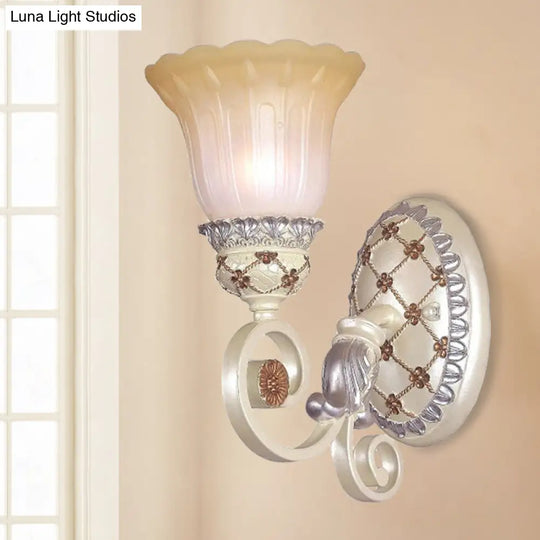 French Country Blossom Wall Sconce - Opaline Glass Lighting With Swirl Arm In Gold