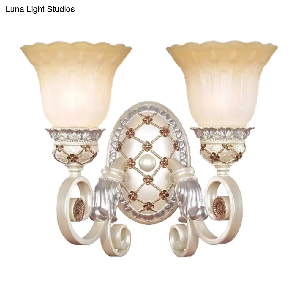 French Country Blossom Wall Sconce - Opaline Glass Lighting With Swirl Arm In Gold