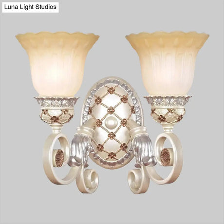 French Country Blossom Wall Sconce - Opaline Glass Lighting With Swirl Arm In Gold