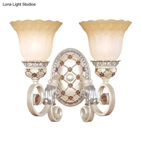 French Country Blossom Wall Sconce - Opaline Glass Lighting With Swirl Arm In Gold