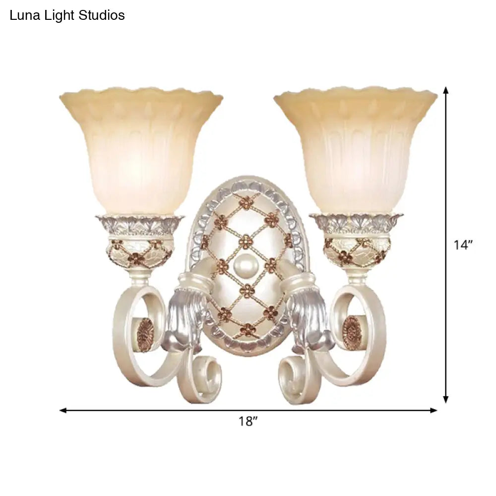 French Country Blossom Wall Sconce - Opaline Glass Lighting With Swirl Arm In Gold