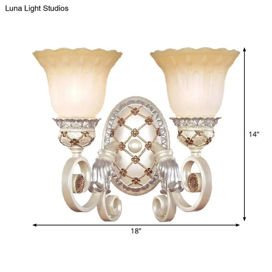 French Country Blossom Wall Sconce - Opaline Glass Lighting With Swirl Arm In Gold