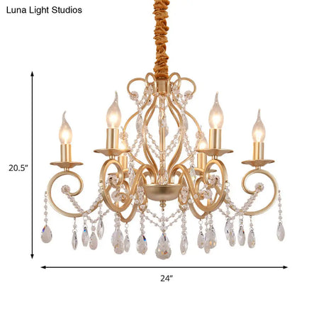 French Country Candle Chandelier Metal Pendant Light With Crystal Bead Accents In Gold 3/6/8 Lights