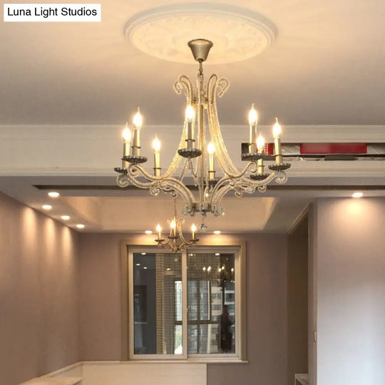 French Country Crystal Bead Chandelier With Chrome Finish - Elegant Drop Lamp For Dining Room