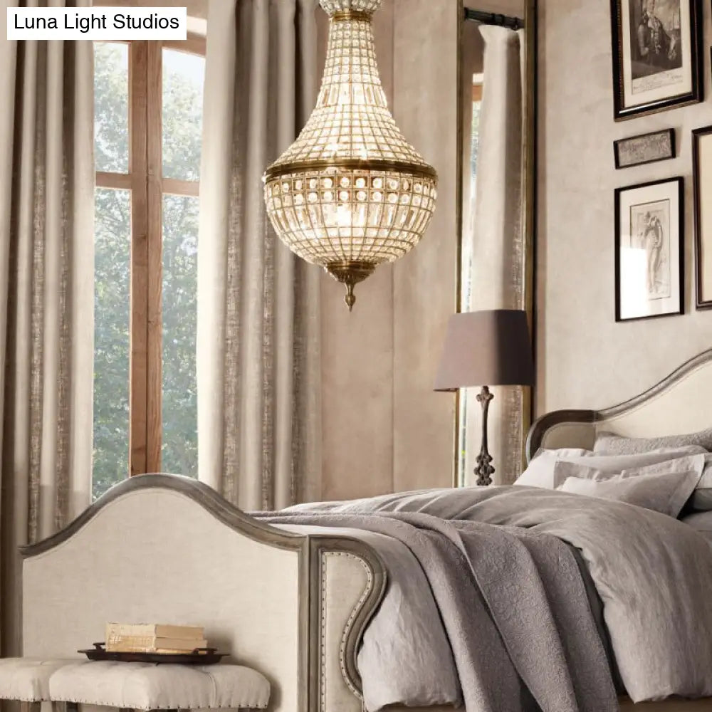 French Country Crystal Bedroom Ceiling Pendant Light Fixture - Brass Empire Chandelier
