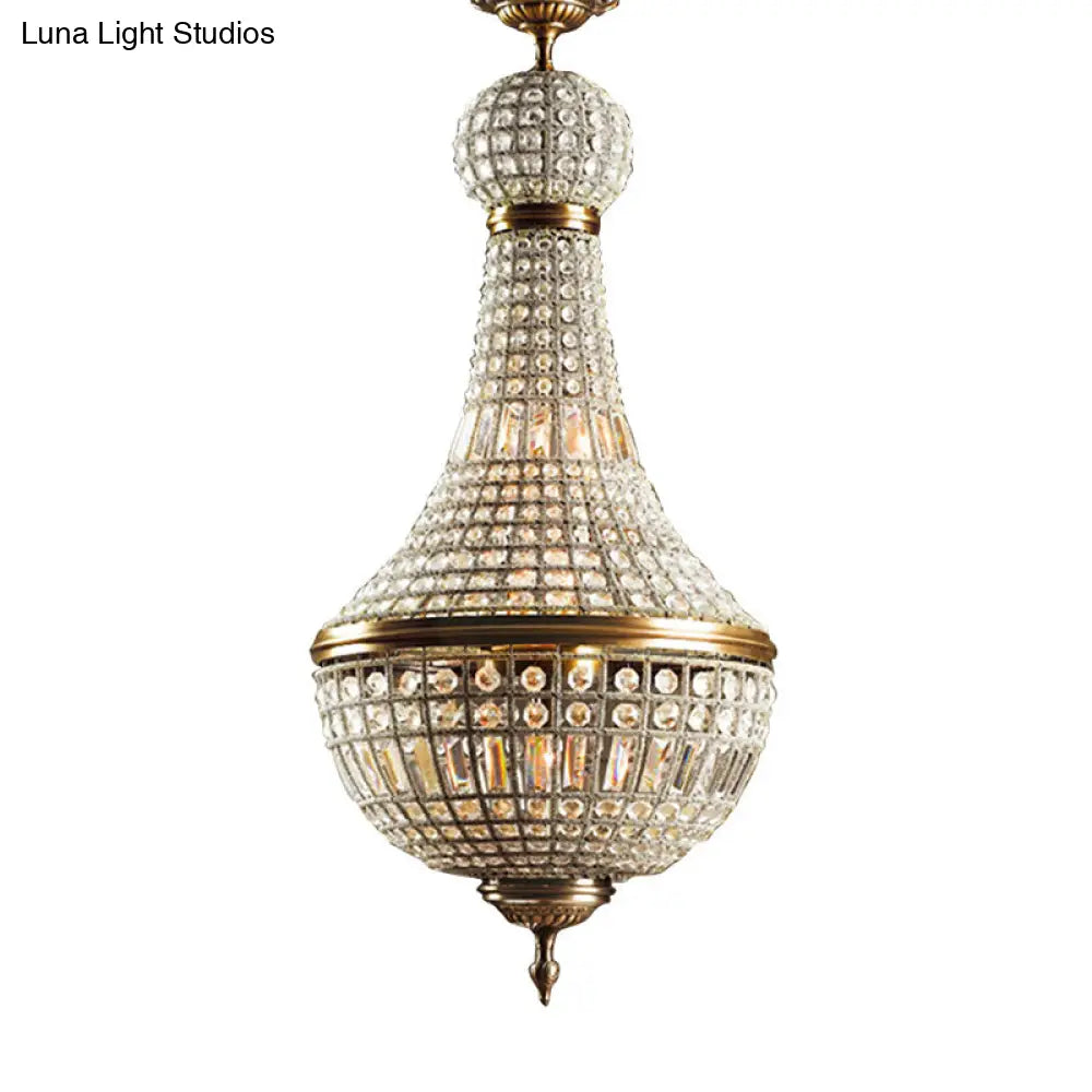 French Country Crystal Bedroom Ceiling Pendant Light Fixture - Brass Empire Chandelier