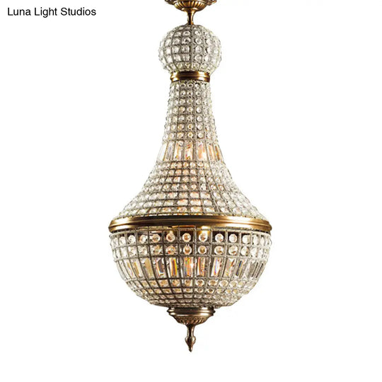 French Country Crystal Bedroom Ceiling Pendant Light Fixture - Brass Empire Chandelier
