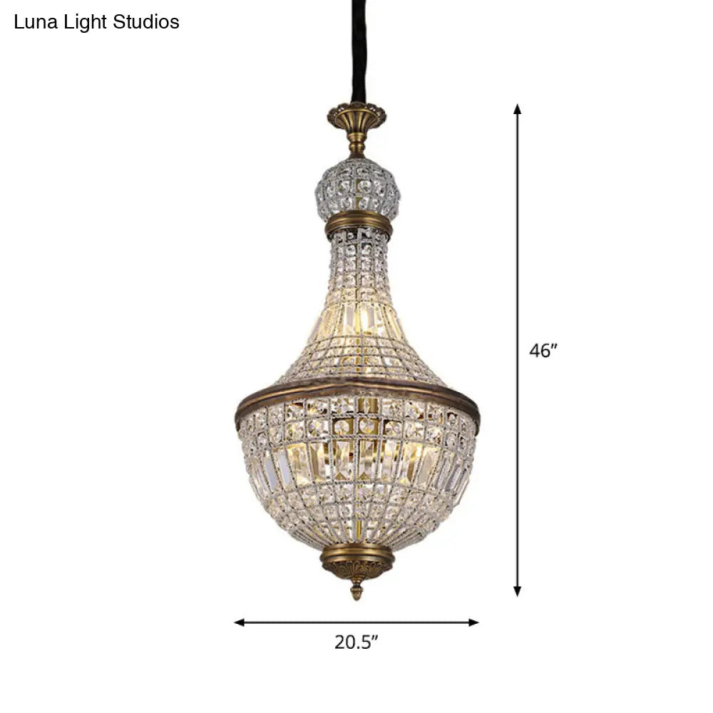 French Country Crystal Bedroom Ceiling Pendant Light Fixture - Brass Empire Chandelier