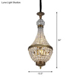 French Country Crystal Bedroom Ceiling Pendant Light Fixture - Brass Empire Chandelier