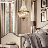 French Country Crystal Bedroom Ceiling Pendant Light Fixture - Brass Empire Chandelier