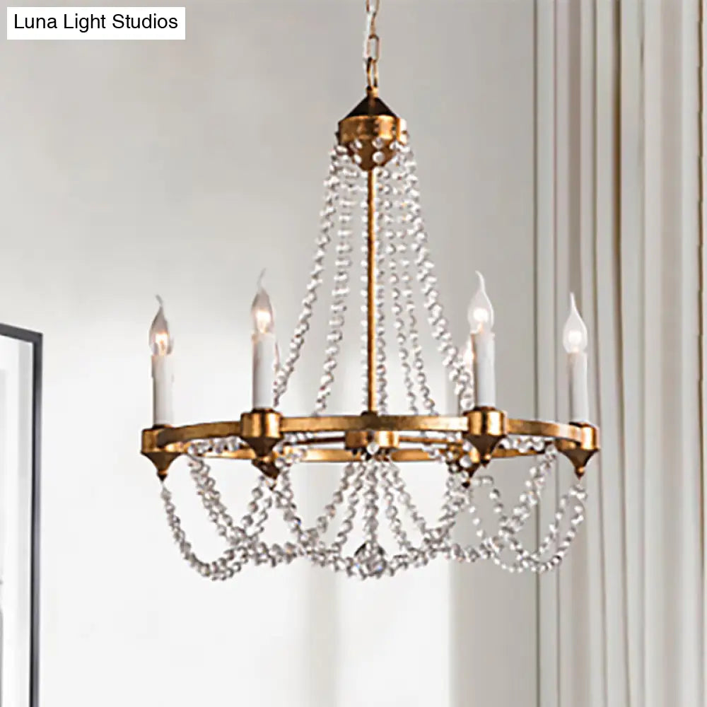 Crystal Beaded French Country Candle Chandelier With 6 Lights In Antique Brass Pendant Lighting