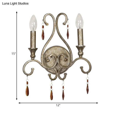 French Country Iron Candle Wall Sconce With Crystal Deco - Aged Silver 2-Light Fixture