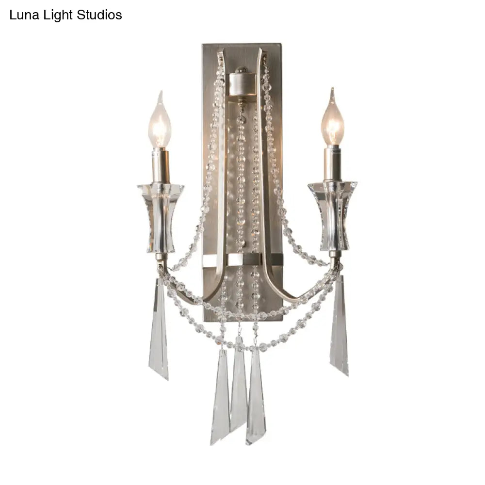 French Country Style 2-Bulb Candle Wall Lamp With Crystals - Brushed Silver Metal Light