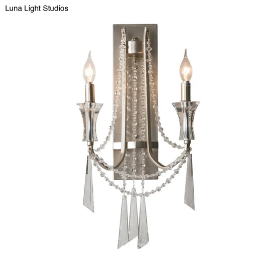 French Country Style 2-Bulb Candle Wall Lamp With Crystals - Brushed Silver Metal Light