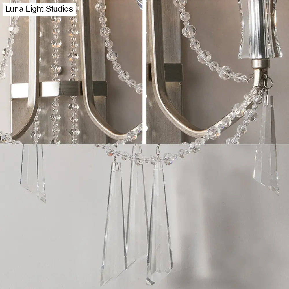 French Country Style 2-Bulb Candle Wall Lamp With Crystals - Brushed Silver Metal Light
