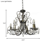 French Style Bronze Curved Candle Chandelier - 6 Light Iron Ceiling Lighting With Crystal Accent