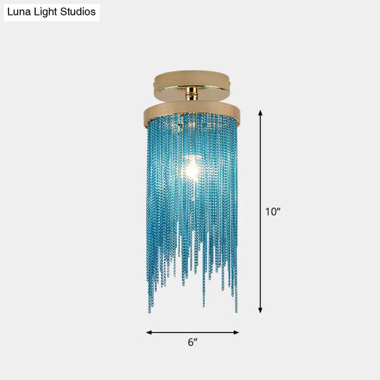 Fringed Chainlet Flush Mount Ceiling Light - Contemporary Aluminum Fixture For Corridors Blue