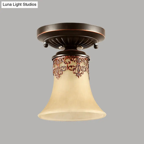 Frost Beige Glass Semi - Flush Mount Light With Retro Flair And Filigree Detailing