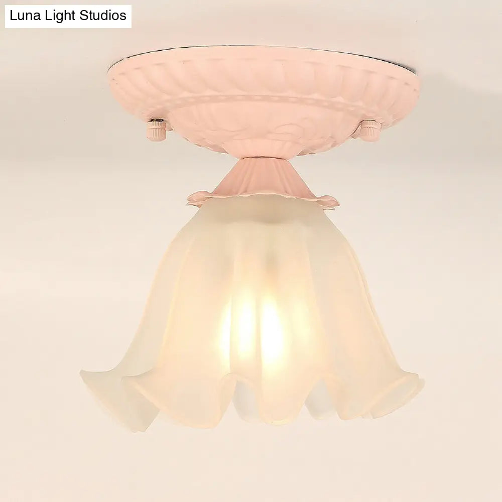 Frost Glass Ruffle Semi Flush Ceiling Light - Single-Bulb Pastoral Bedroom Fixture