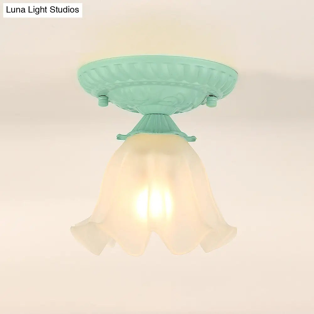 Frost Glass Ruffle Semi Flush Ceiling Light - Single - Bulb Pastoral Bedroom Fixture Green