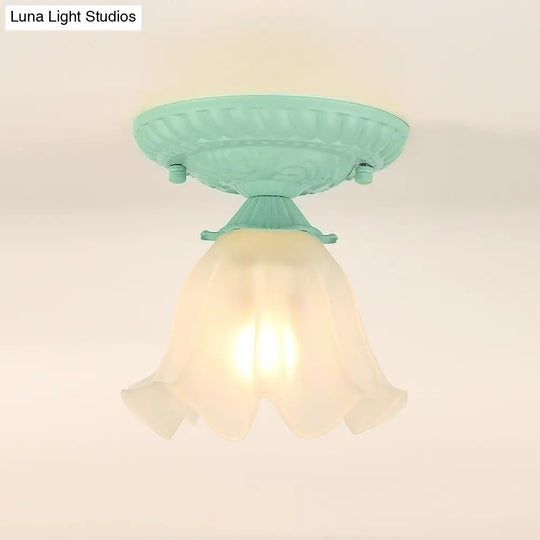 Frost Glass Ruffle Semi Flush Ceiling Light - Single - Bulb Pastoral Bedroom Fixture Green