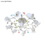 Frosted Cream Glass Ruffle Ceiling Light - 9 Lights Semi Flush Mounted Lamp For Bedrooms Pink/Green