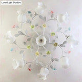 Frosted Cream Glass Ruffle Ceiling Light - 9 Lights Semi Flush Mounted Lamp For Bedrooms Pink/Green