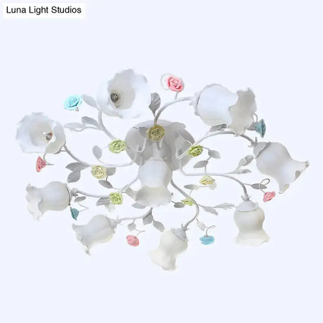 Frosted Cream Glass Ruffle Ceiling Light - 9 Lights Semi Flush Mounted Lamp For Bedrooms Pink/Green