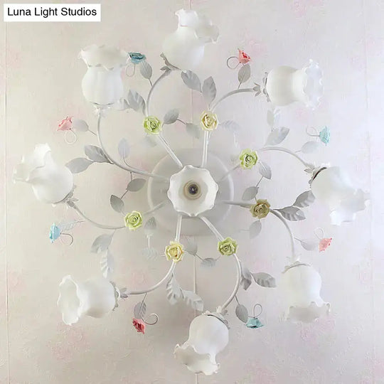 Frosted Cream Glass Ruffle Ceiling Light - 9 Lights Semi Flush Mounted Lamp For Bedrooms Pink/Green