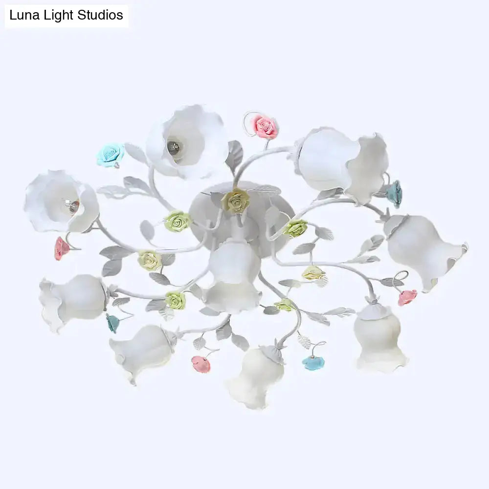 Frosted Cream Glass Ruffle Ceiling Light - 9 Lights Semi Flush Mounted Lamp For Bedrooms Pink/Green