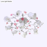 Frosted Cream Glass Ruffle Ceiling Light - 9 Lights Semi Flush Mounted Lamp For Bedrooms Pink/Green