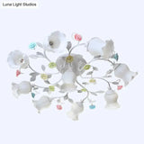 Frosted Cream Glass Ruffle Ceiling Light - 9 Lights Semi Flush Mounted Lamp For Bedrooms Pink/Green