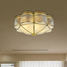 Frosted Glass And Brass Colonial Style Flush Mount Ceiling Lamp With Curved Design - Ideal For