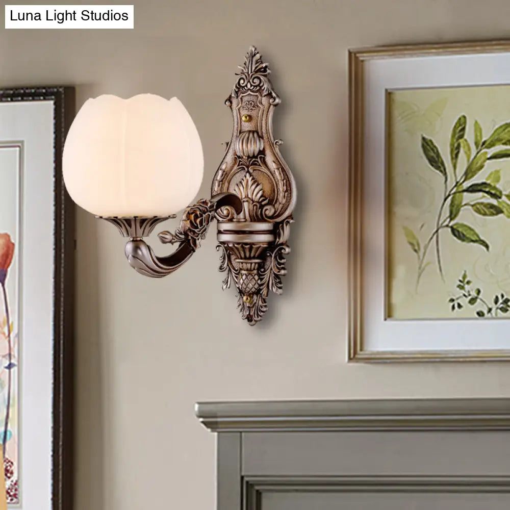 Frosted Glass Bloom Wall Light Vintage Sconce For Living Room With Curved Arm In Coffee