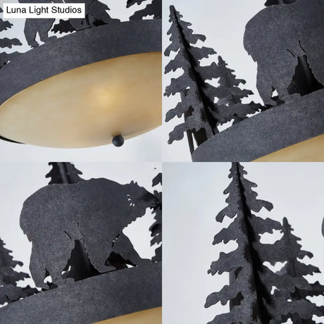 Frosted Glass Bowl Chandelier - 3-Light Pendant Light In Black With Tree And Bear Detailing