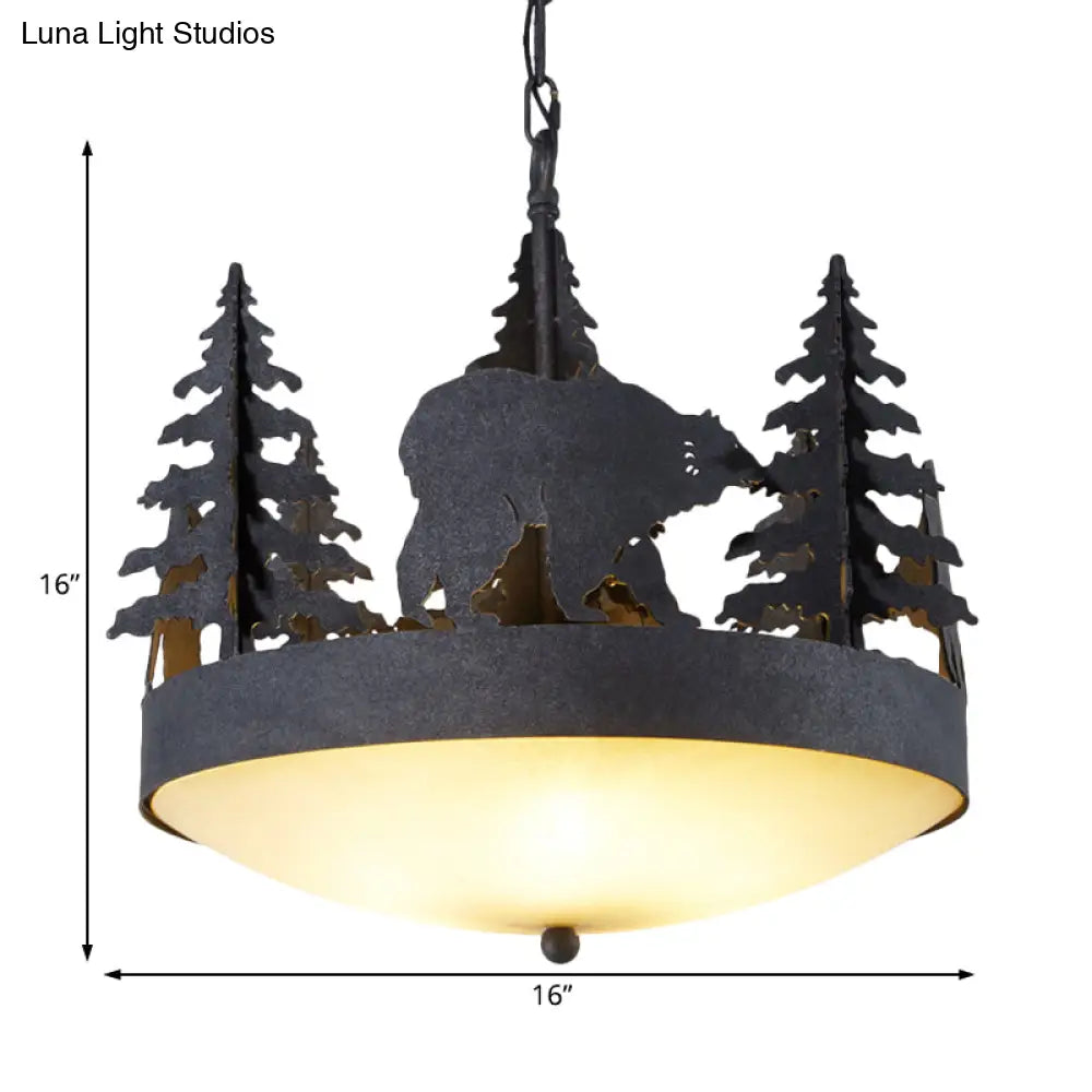 Frosted Glass Bowl Chandelier - 3-Light Pendant Light In Black With Tree And Bear Detailing
