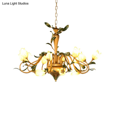 Frosted Glass Brass Chandelier - Floral 15-Light Pendant For Bedroom