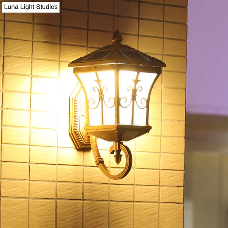 Frosted Glass Brass Wall Sconce - Tapered Traditional Light With Scrolls