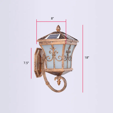 Frosted Glass Brass Wall Sconce - Tapered Traditional Light With Scrolls / Solar