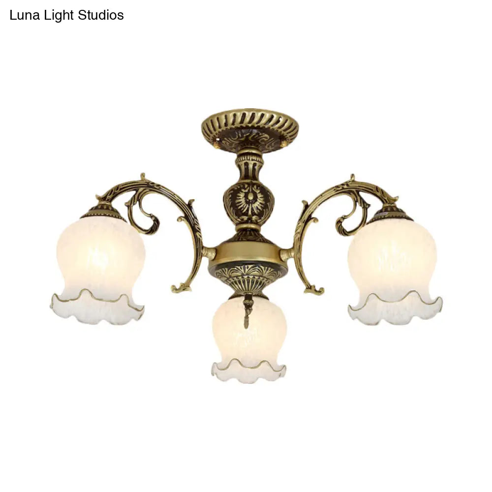 Frosted Glass Bronze Semi Flush Ceiling Lamp With Flower Design - 3/5/6-Bulb Antique Lighting