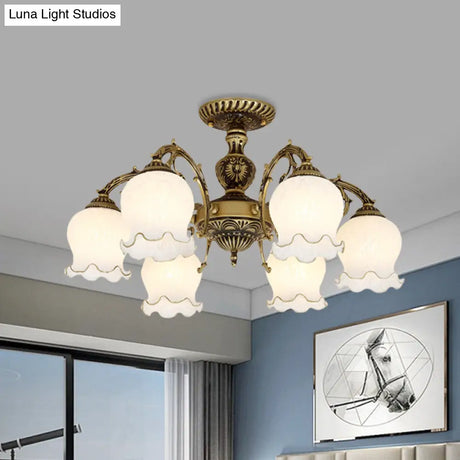 Frosted Glass Bronze Semi Flush Ceiling Lamp With Flower Design - 3/5/6 - Bulb Antique Lighting