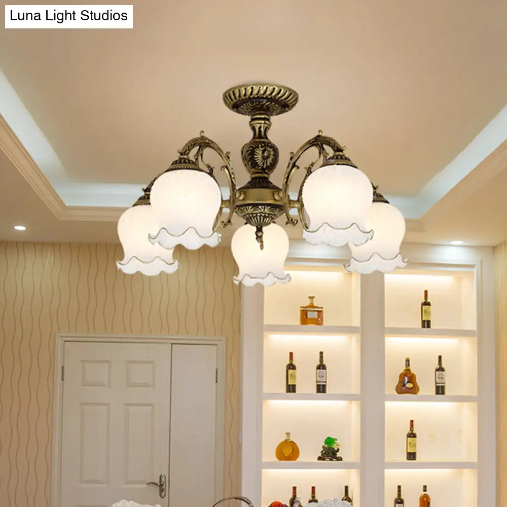 Frosted Glass Bronze Semi Flush Ceiling Lamp With Flower Design - 3/5/6 - Bulb Antique Lighting