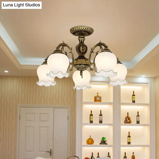 Frosted Glass Bronze Semi Flush Ceiling Lamp With Flower Design - 3/5/6 - Bulb Antique Lighting