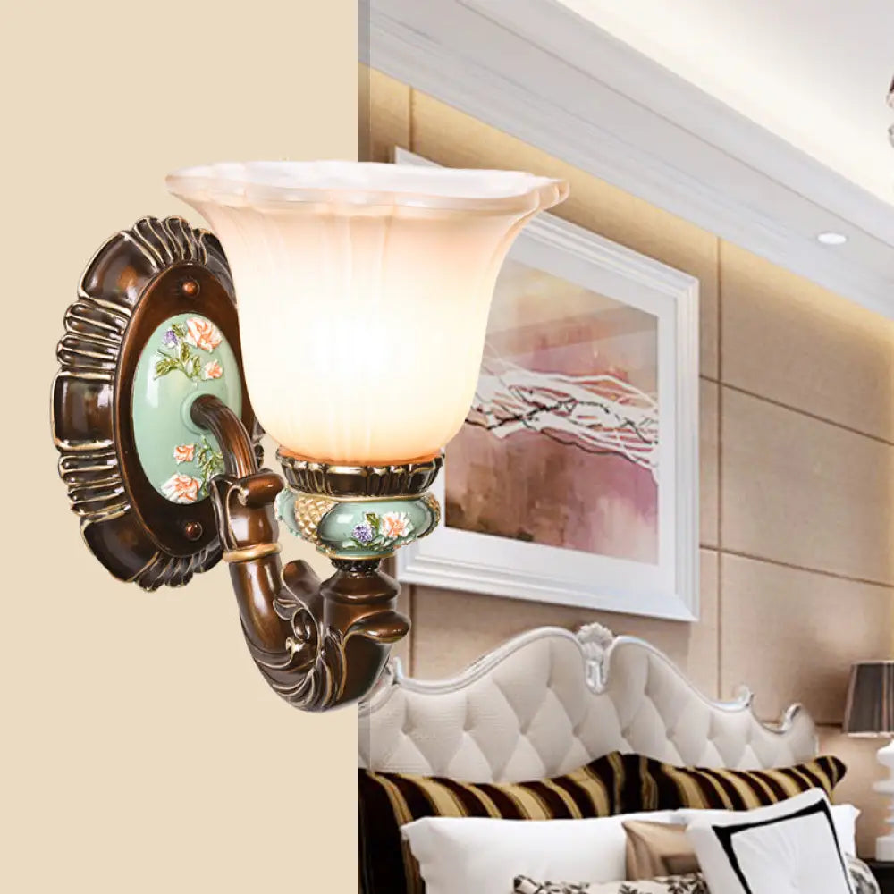 Frosted Glass Brown Wall Light - Rustic Bell Design Rural Sconce For Guest Room 1 /