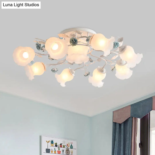Frosted Glass Bud Semi Flush Chandelier In Pink/Blue/Blue - White - Ceiling Mount Lamp For