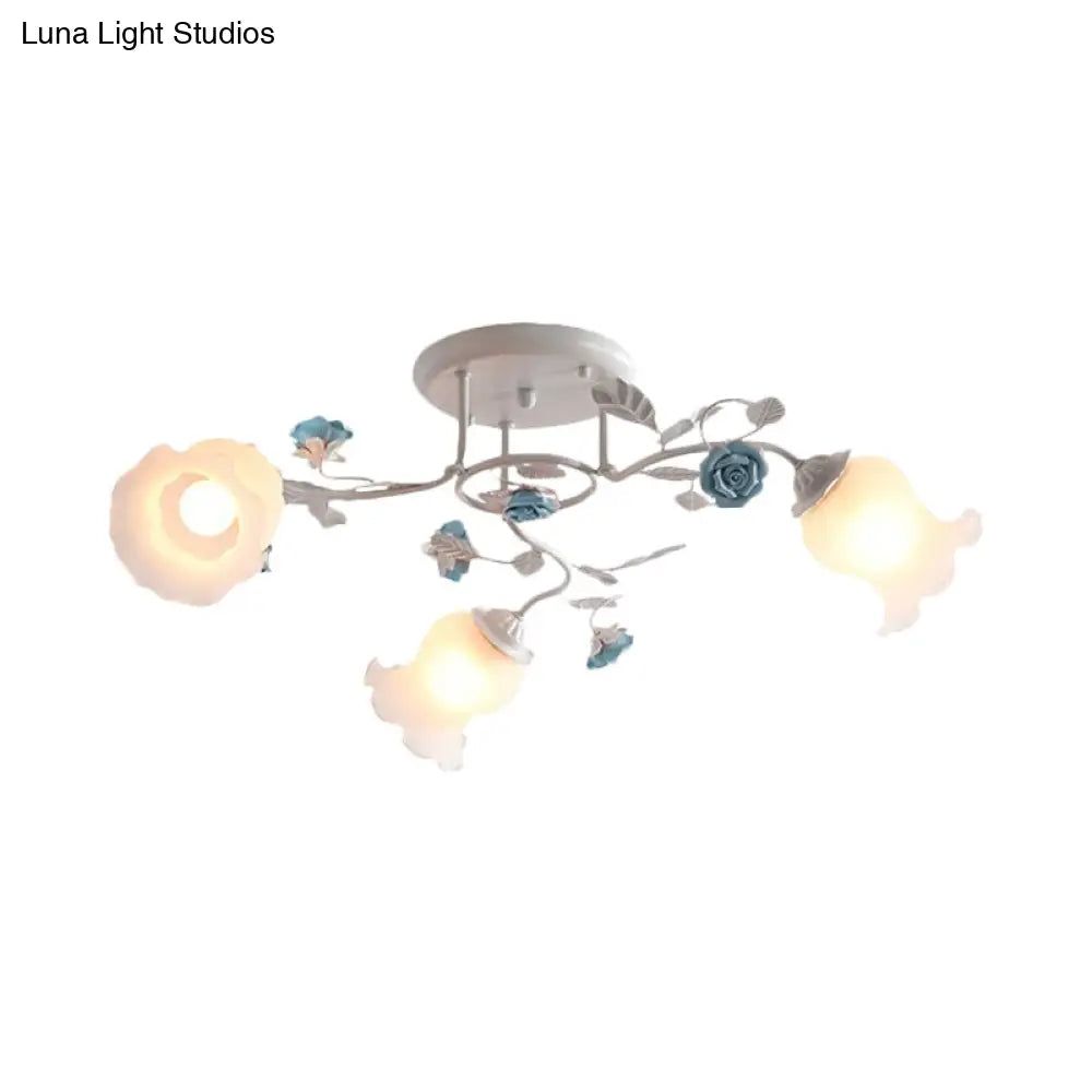 Frosted Glass Bud Semi Flush Chandelier In Pink/Blue/Blue-White - Ceiling Mount Lamp For Countryside