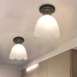 Frosted Glass Ceiling Fixture: Flower Bud Flush Mount Lamp - Loft Style Black Perfect For Hallways