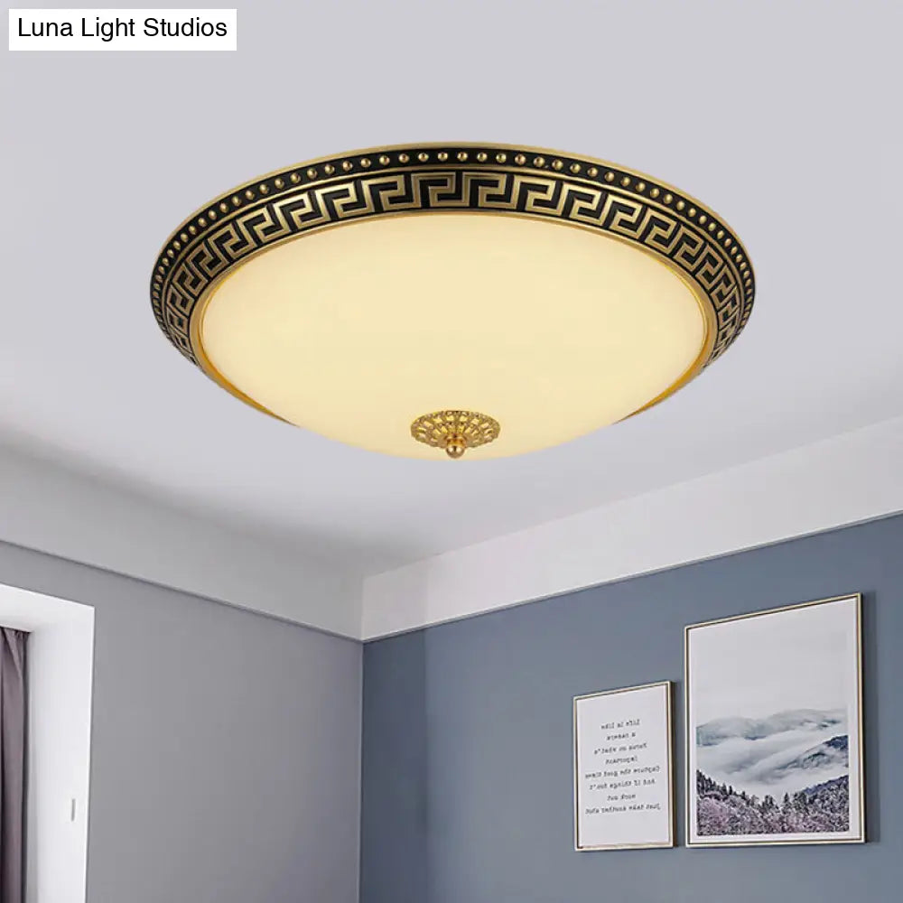 Frosted Glass Ceiling Fixture - Rustic Led Bedroom Flush Mount Lighting In Brass (Bowl Design