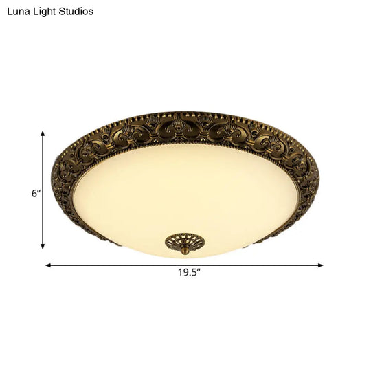 Frosted Glass Ceiling Fixture - Rustic Led Bedroom Flush Mount Lighting In Brass (Bowl Design