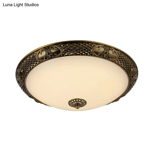 Frosted Glass Ceiling Fixture - Rustic Led Bedroom Flush Mount Lighting In Brass (Bowl Design